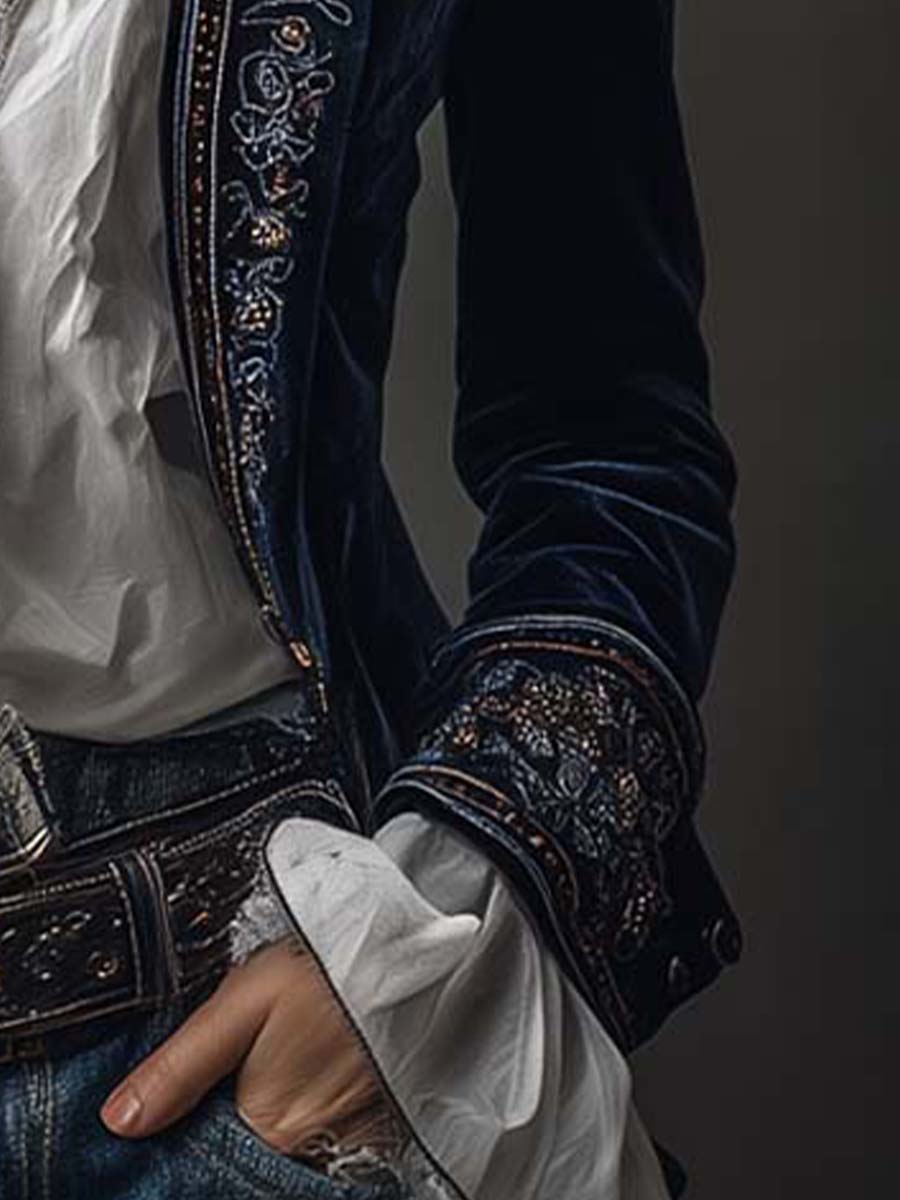 Atenais | Chaqueta Larga Bordada Vintage Azul Marino