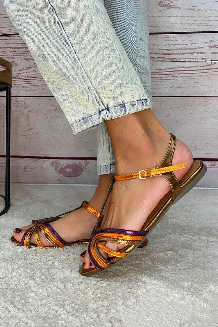 Sandalias Peep Toe Multicolor y Dorado con Hebilla y Tira en T