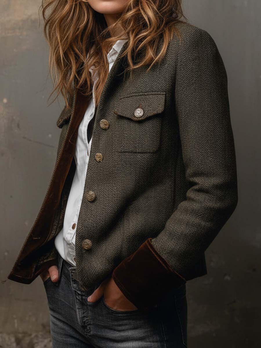 Honorina | Blazer Vintage de Espiga con Ribetes Contrastados