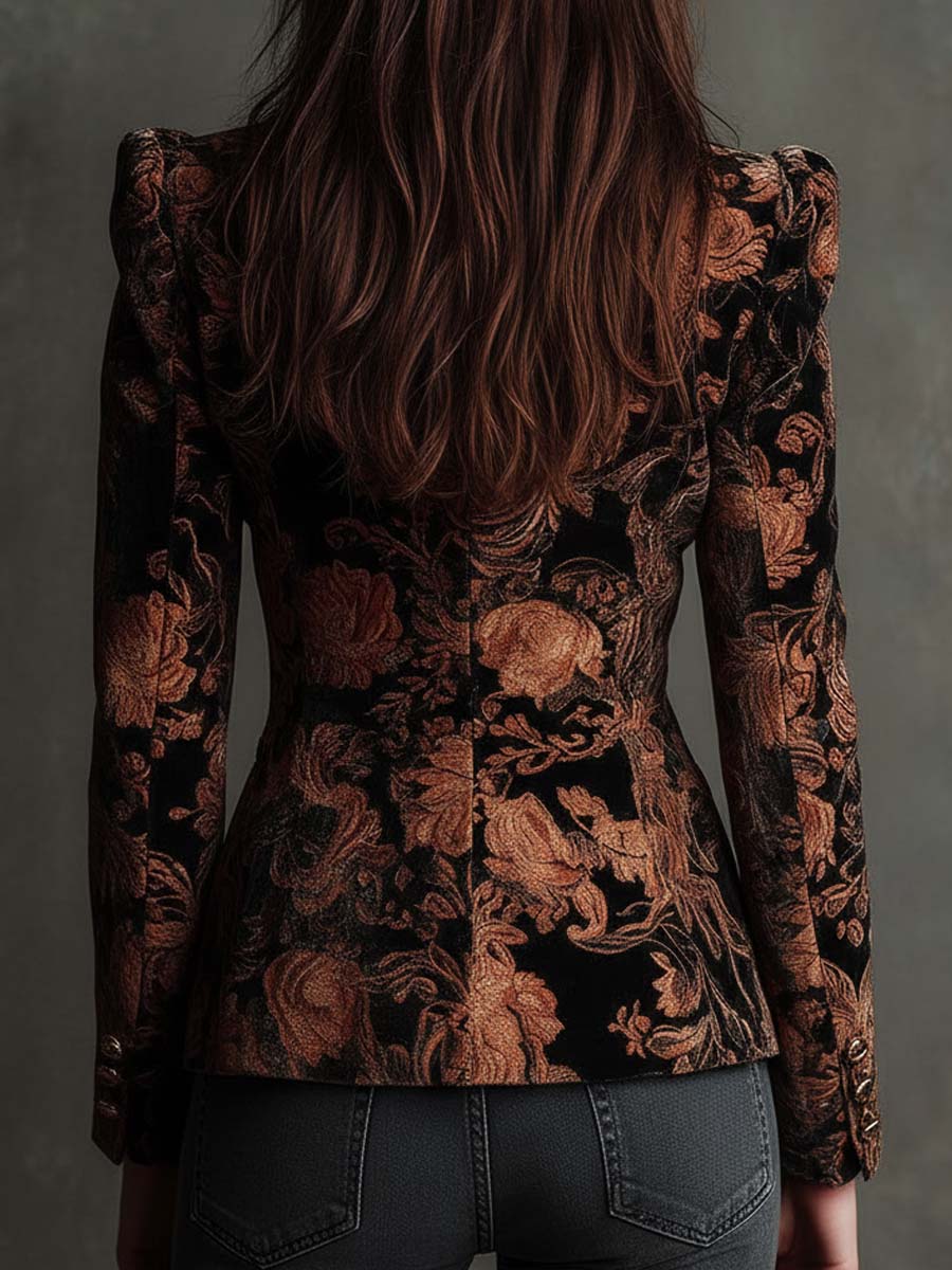 Berta | Blazer de Traje con Estampado Floral Negro y Bronce