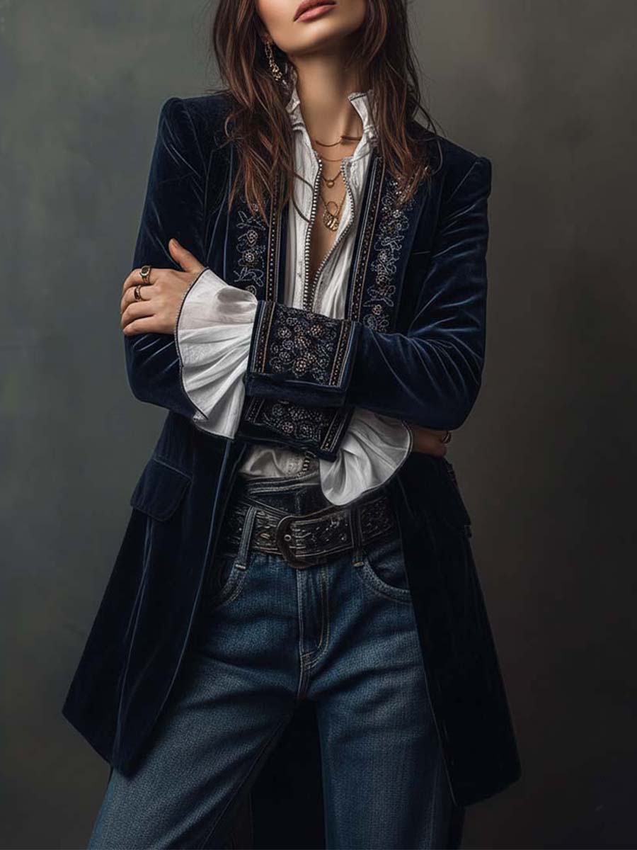 Atenais | Chaqueta Larga Bordada Vintage Azul Marino