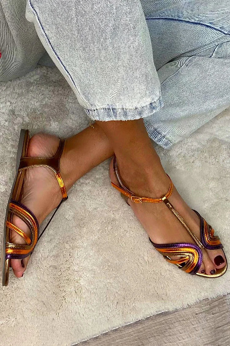 Sandalias Peep Toe Multicolor y Dorado con Hebilla y Tira en T