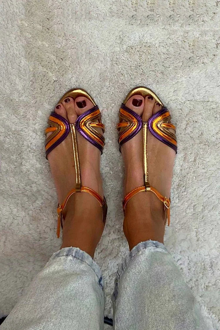 Sandalias Peep Toe Multicolor y Dorado con Hebilla y Tira en T