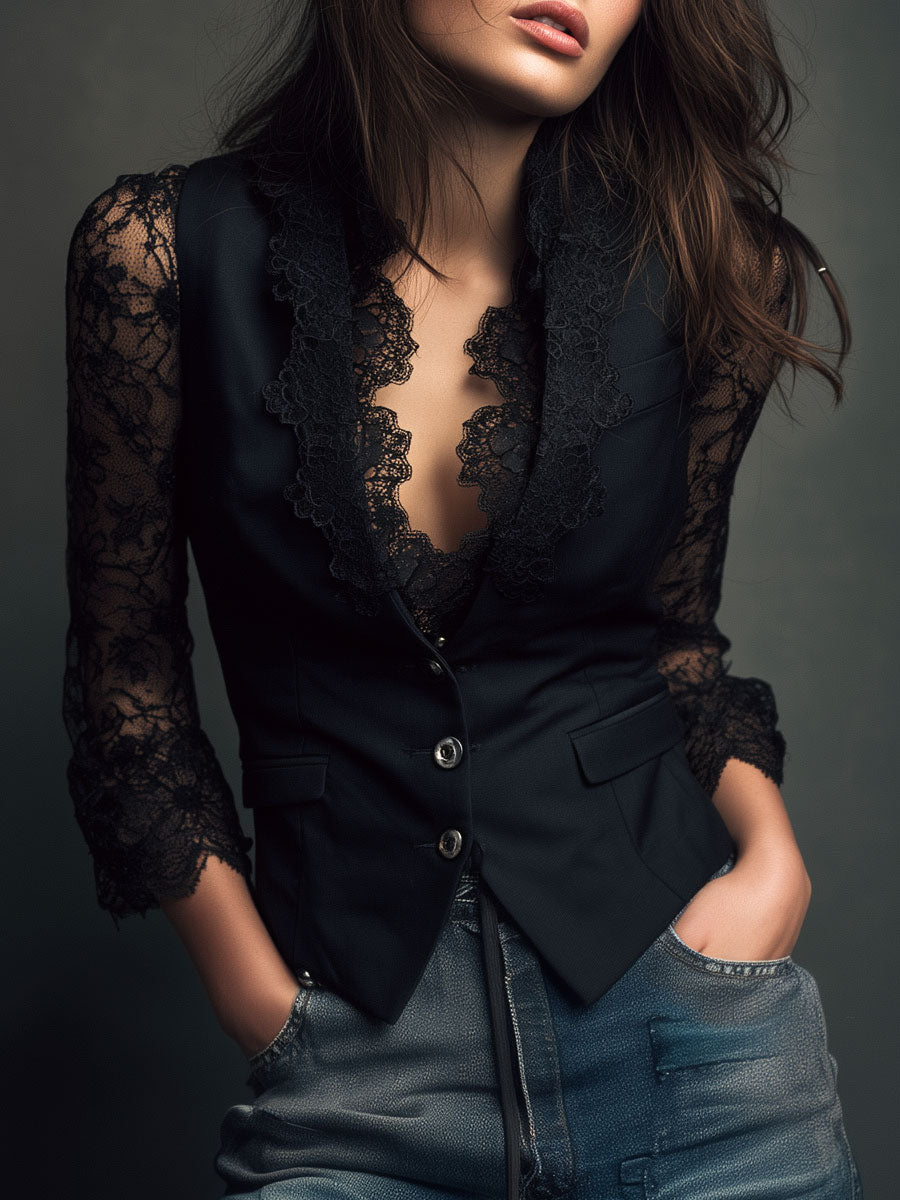 Noemi | Top Blazer Negro de Mangas Semitransparentes