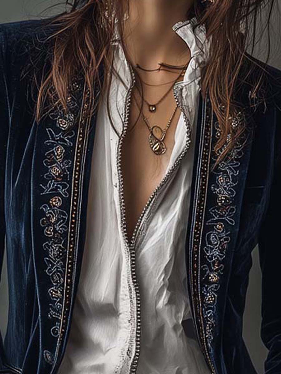 Atenais | Chaqueta Larga Bordada Vintage Azul Marino