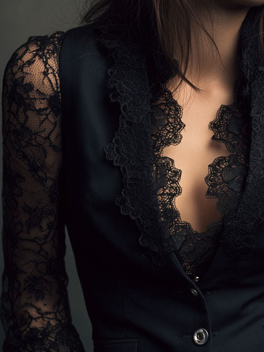 Noemi | Top Blazer Negro de Mangas Semitransparentes