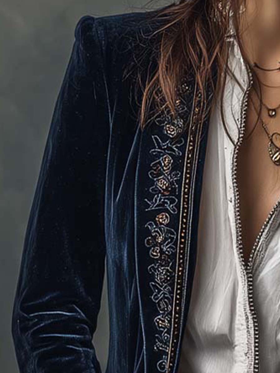 Atenais | Chaqueta Larga Bordada Vintage Azul Marino