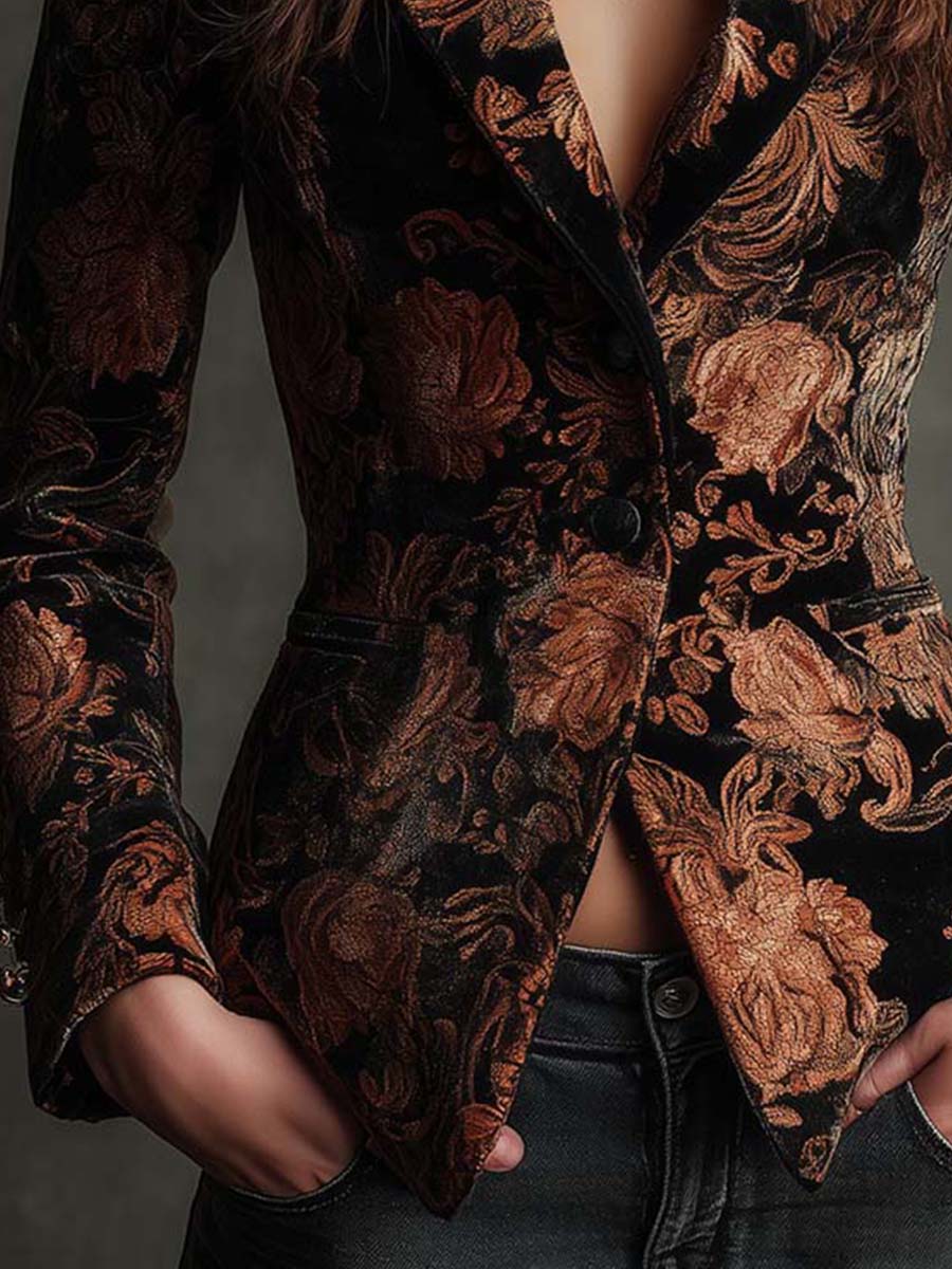 Berta | Blazer de Traje con Estampado Floral Negro y Bronce