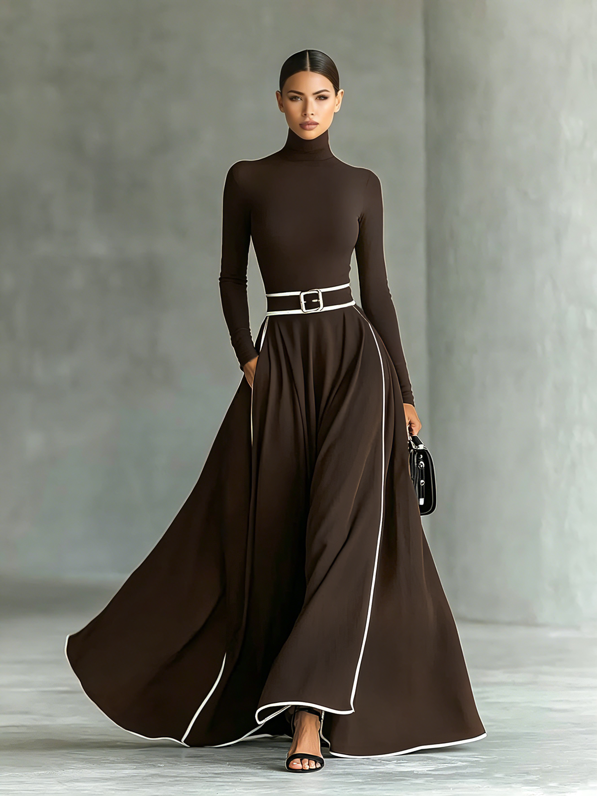 Gina – Vestido Largo Negro con Costuras Blancas y Cuello Alto, Manga Larga, Cintura Ceñida