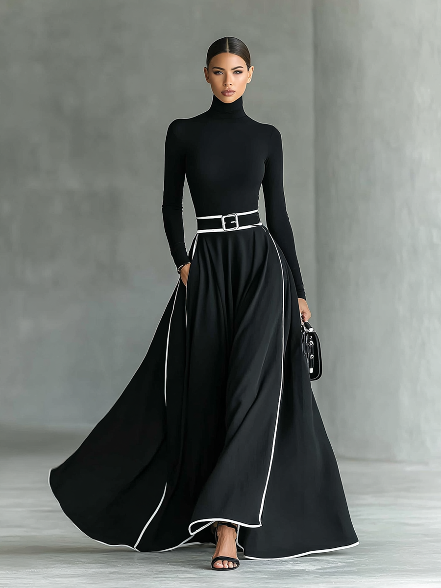 Gina – Vestido Largo Negro con Costuras Blancas y Cuello Alto, Manga Larga, Cintura Ceñida