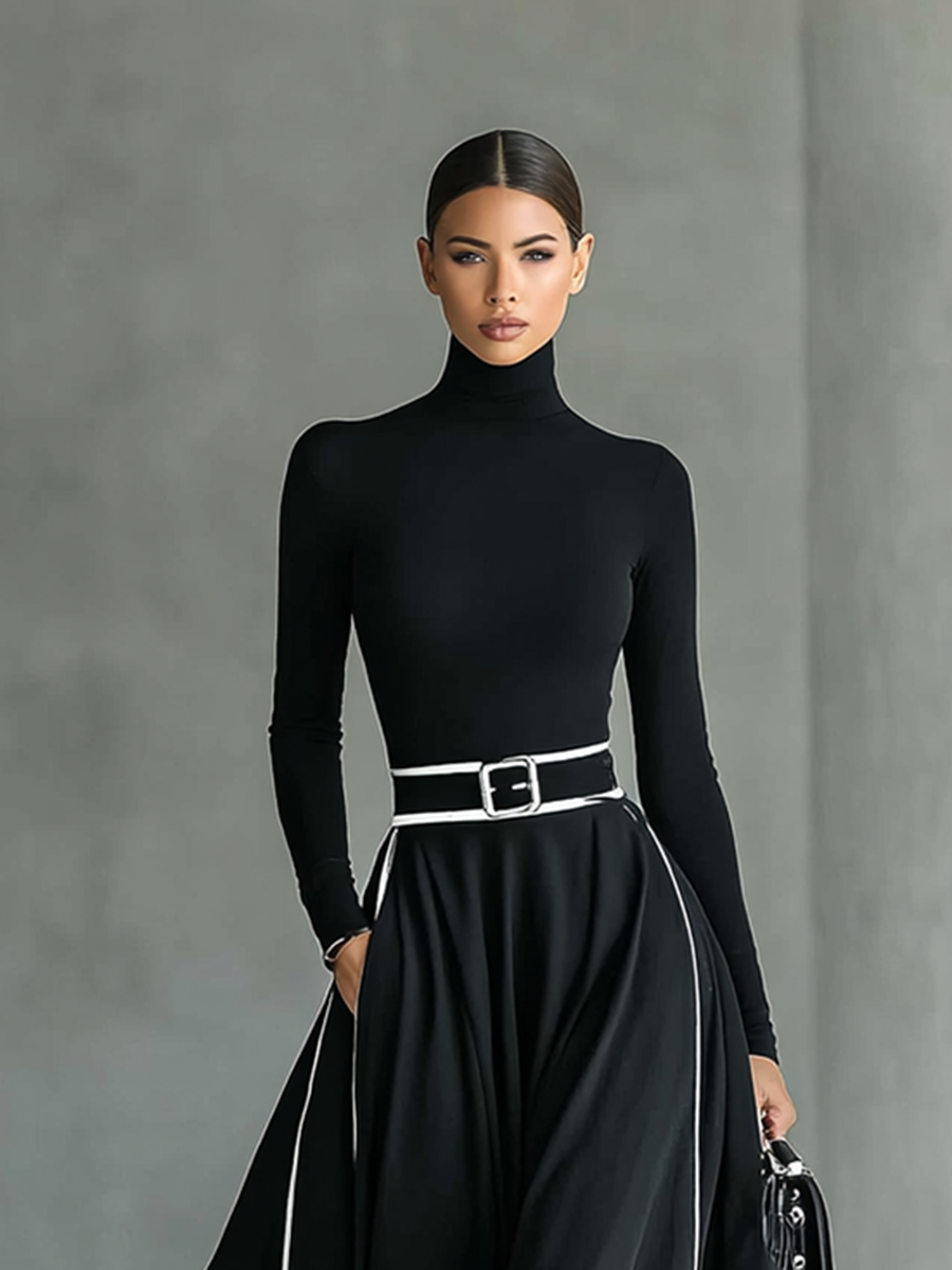 Gina – Vestido Largo Negro con Costuras Blancas y Cuello Alto, Manga Larga, Cintura Ceñida
