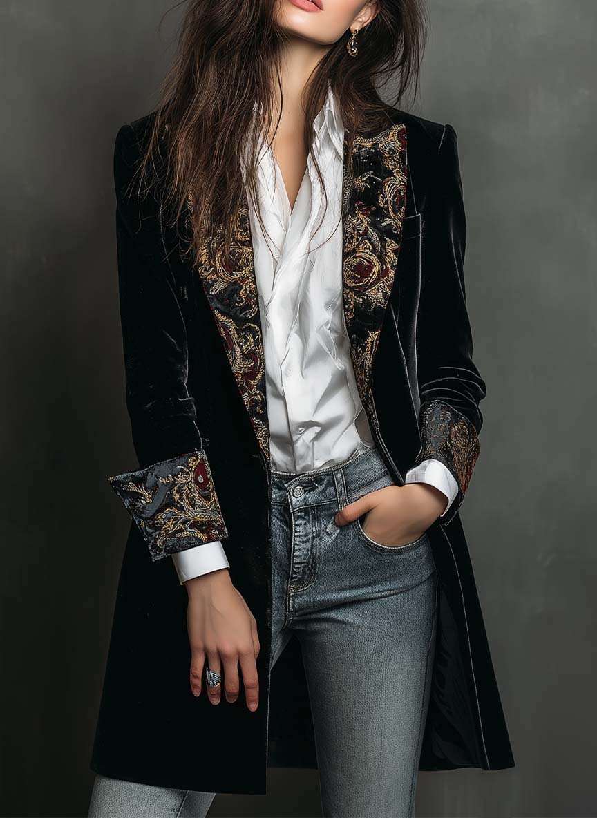 Leontina | Blazer Ajustado con Estampado Barroco Negro
