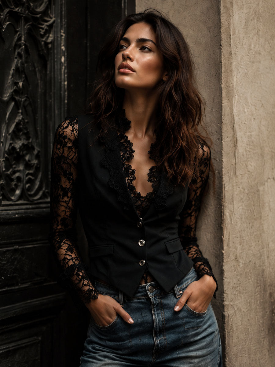 Noemi | Top Blazer Negro de Mangas Semitransparentes