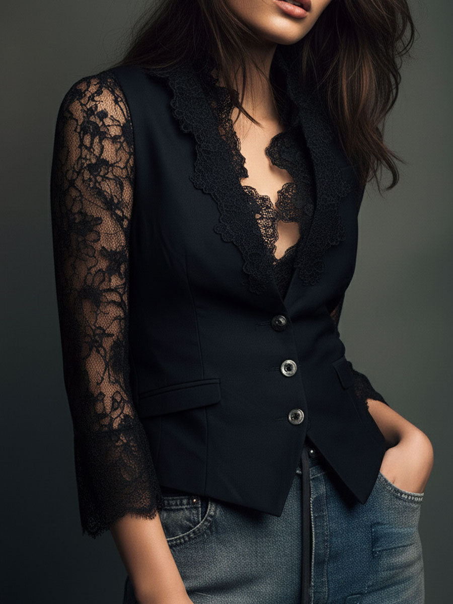 Noemi | Top Blazer Negro de Mangas Semitransparentes