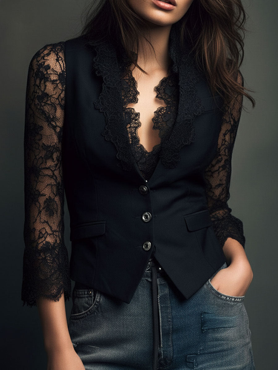 Noemi | Top Blazer Negro de Mangas Semitransparentes