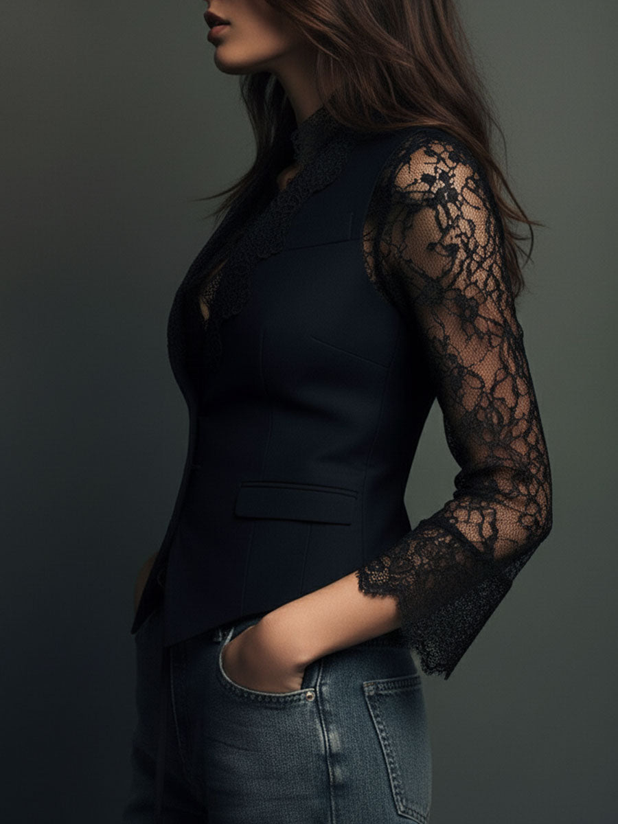 Noemi | Top Blazer Negro de Mangas Semitransparentes