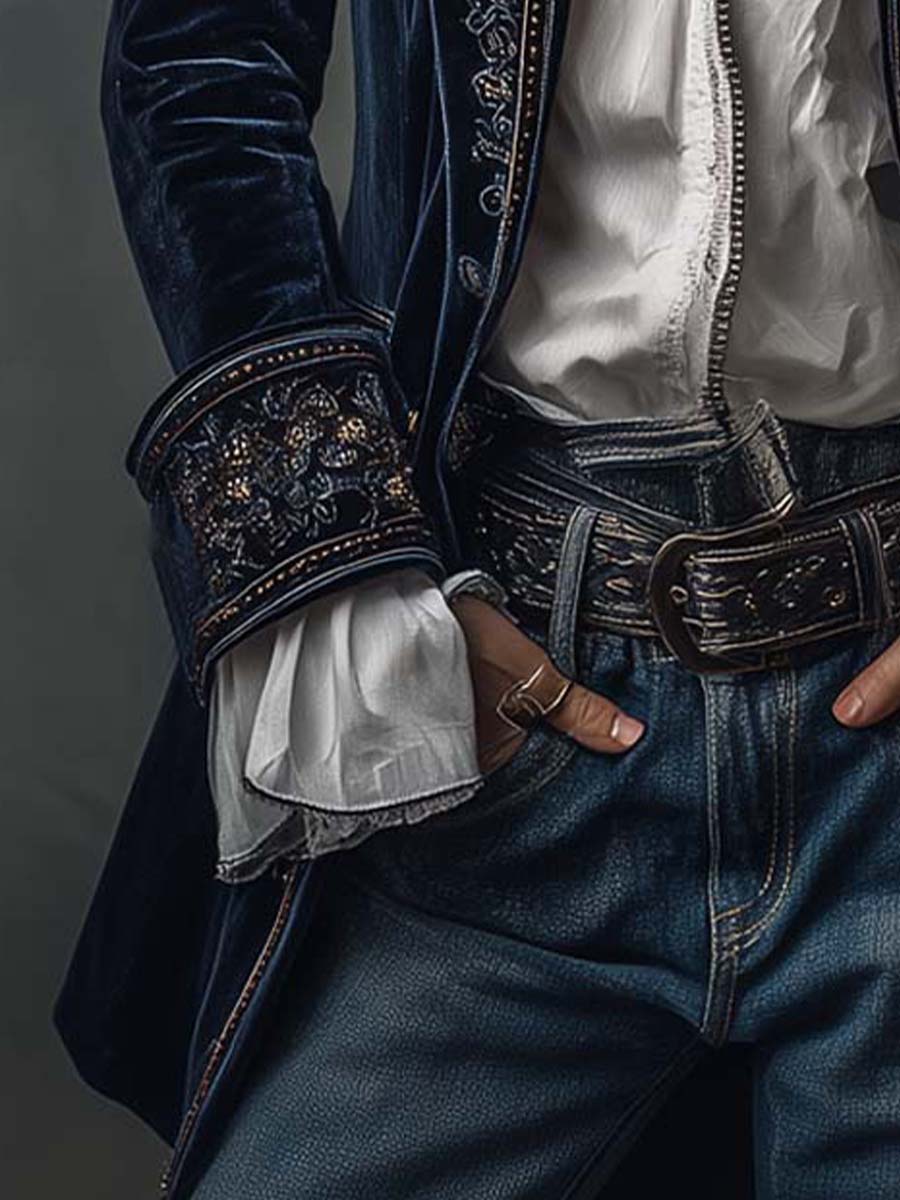 Atenais | Chaqueta Larga Bordada Vintage Azul Marino