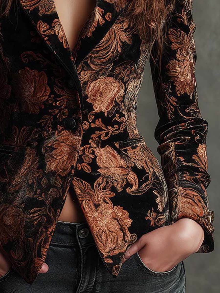 Berta | Blazer de Traje con Estampado Floral Negro y Bronce