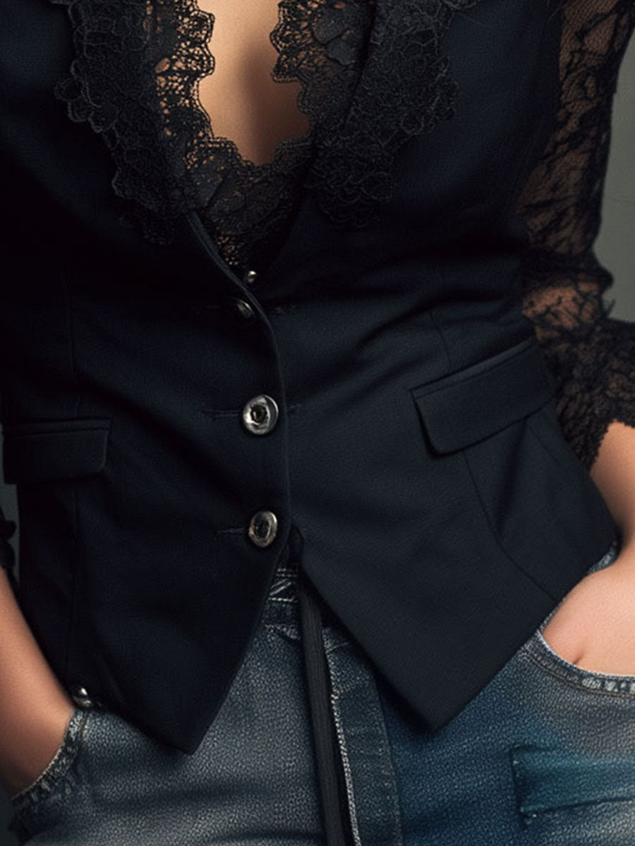 Noemi | Top Blazer Negro de Mangas Semitransparentes
