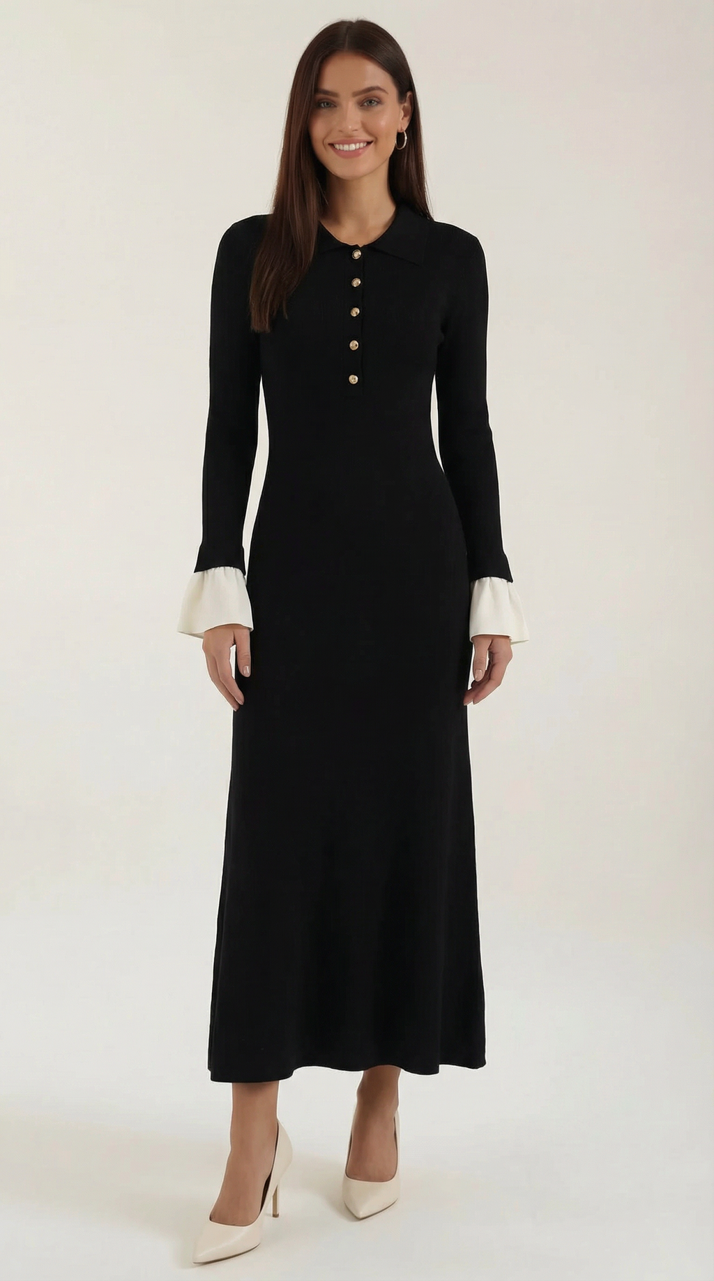 Vestido Maxi de Punto Charlotte con Puños de Color Contrastante