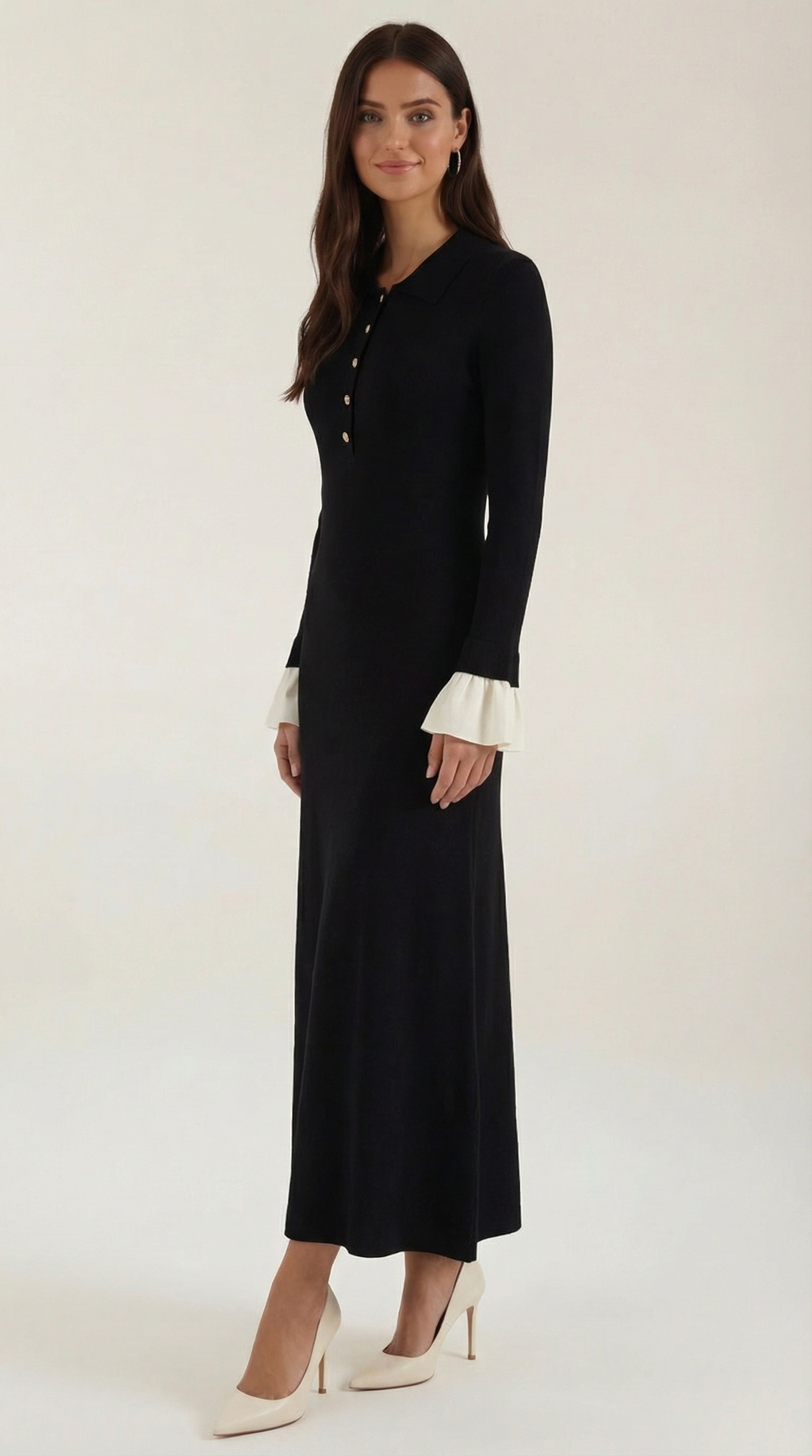 Vestido Maxi de Punto Charlotte con Puños de Color Contrastante