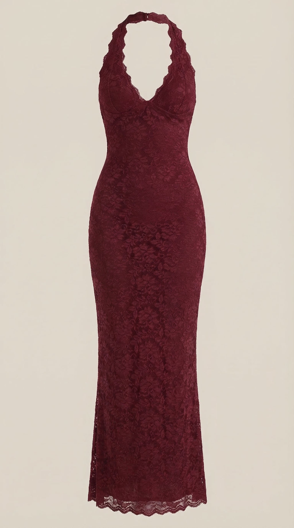 Vestido largo de encaje con escote halter Roxanne