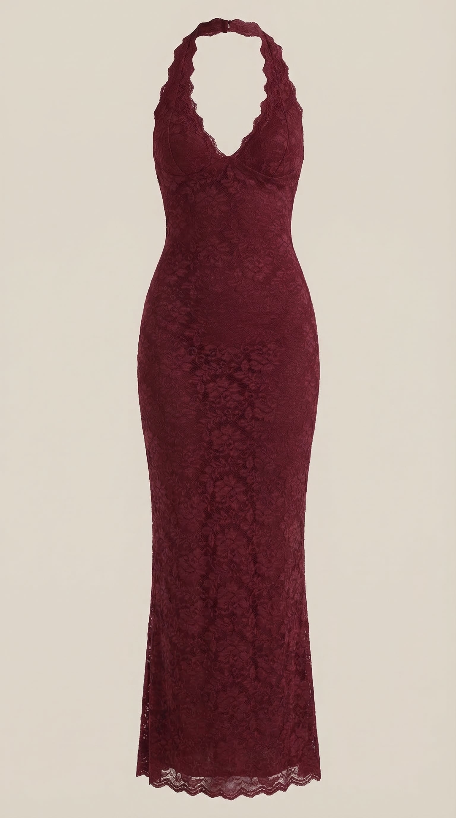 Vestido largo de encaje con escote halter Roxanne