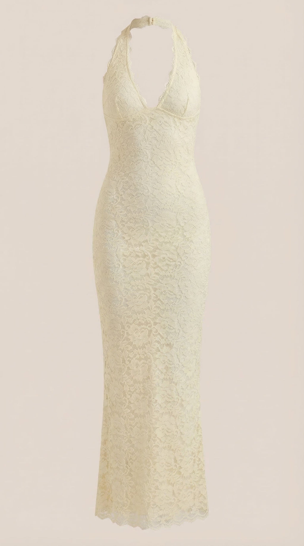 Vestido largo de encaje con escote halter Roxanne