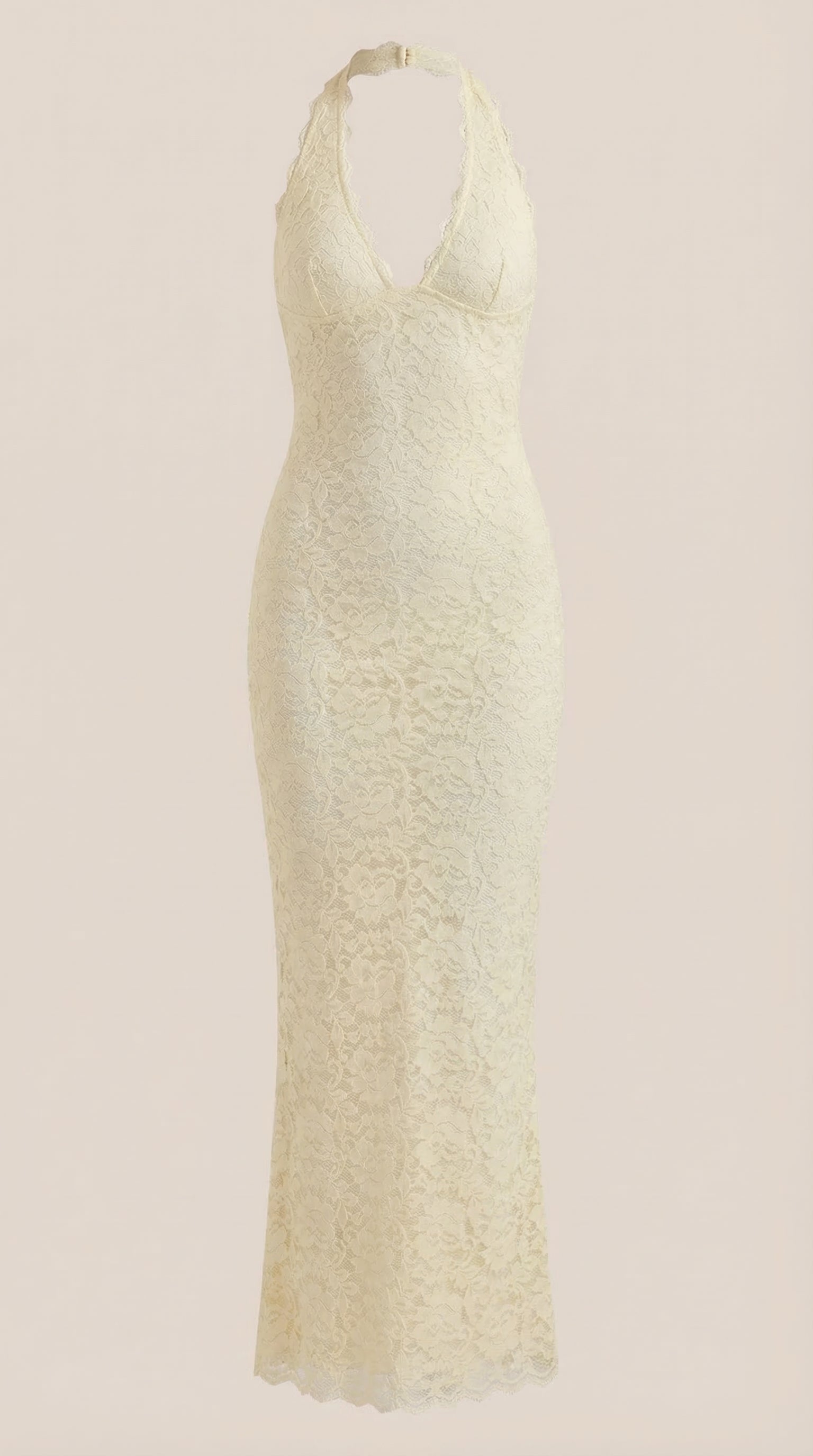 Vestido largo de encaje con escote halter Roxanne
