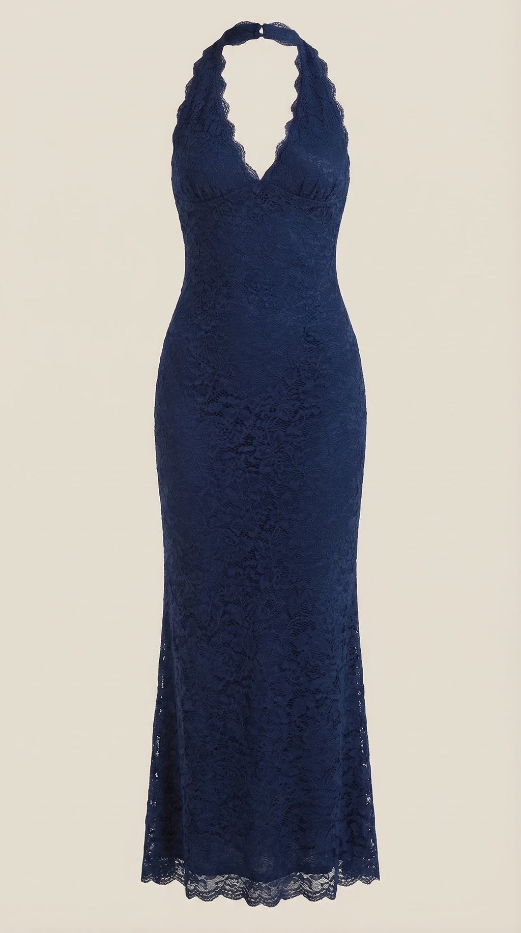 Vestido largo de encaje con escote halter Roxanne