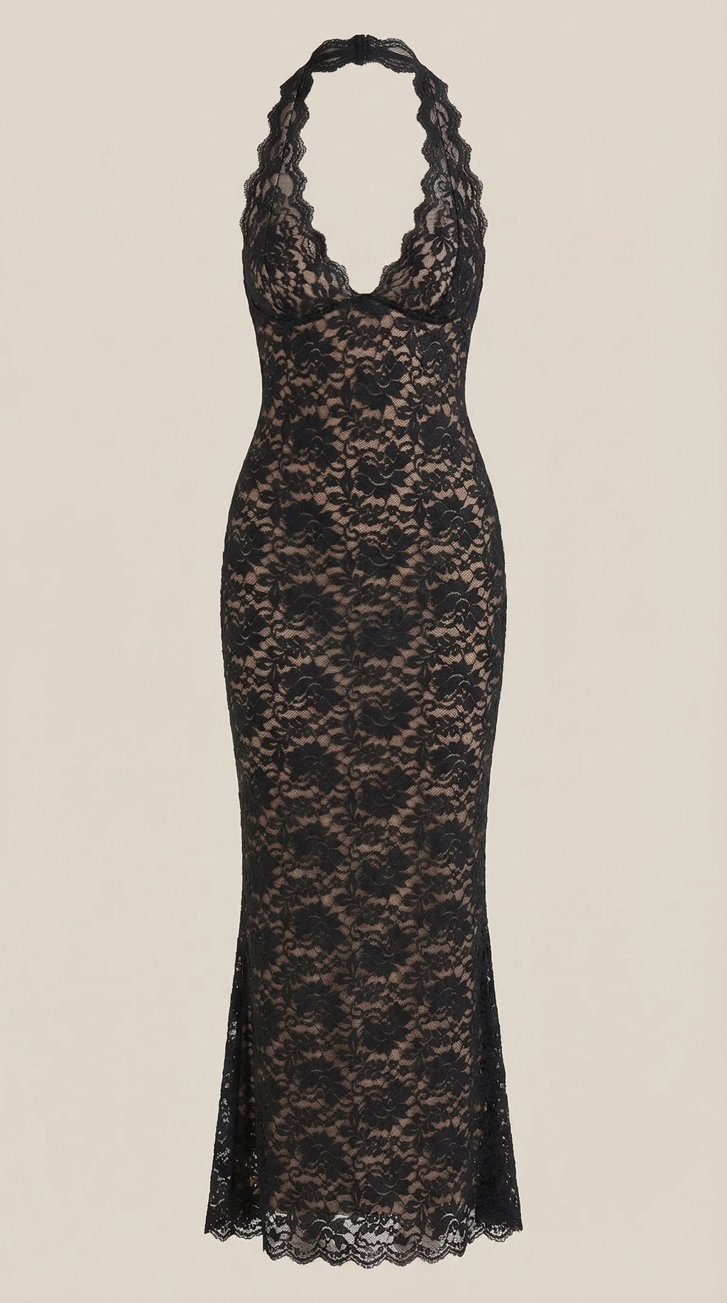 Vestido largo de encaje con escote halter Roxanne