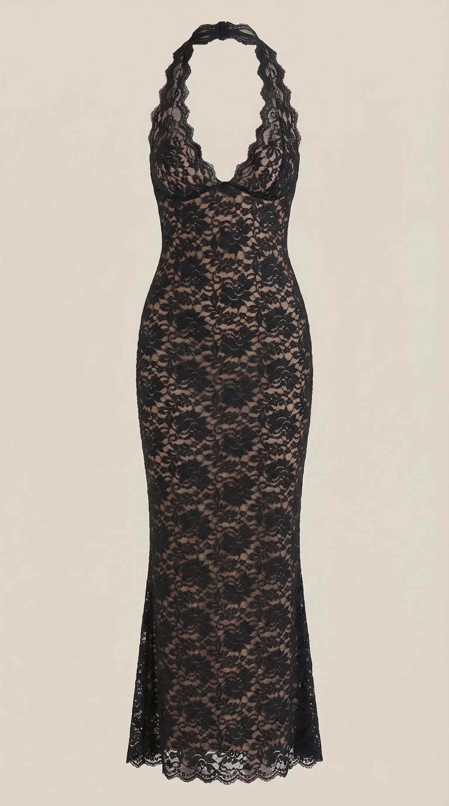 Vestido largo de encaje con escote halter Roxanne